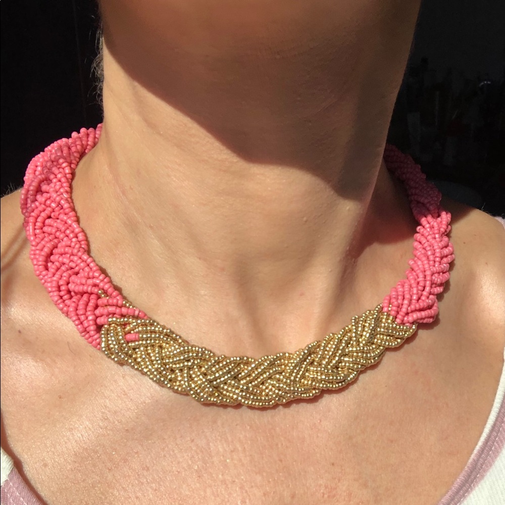 Pink Coral Gold Boho Bead Braided Choker Necklace